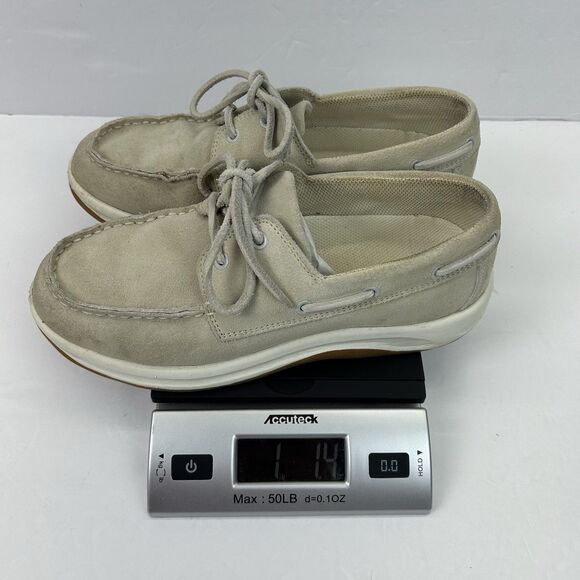 Lands End Boat Shoes Women's 7B Beige Leather Cushioned Insole Casual Slip On - Picture 14 of 14